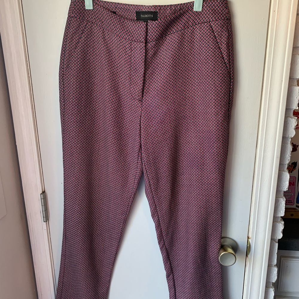 Talbots navy and red abstract print preppy trousers straight leg dress pants. 6